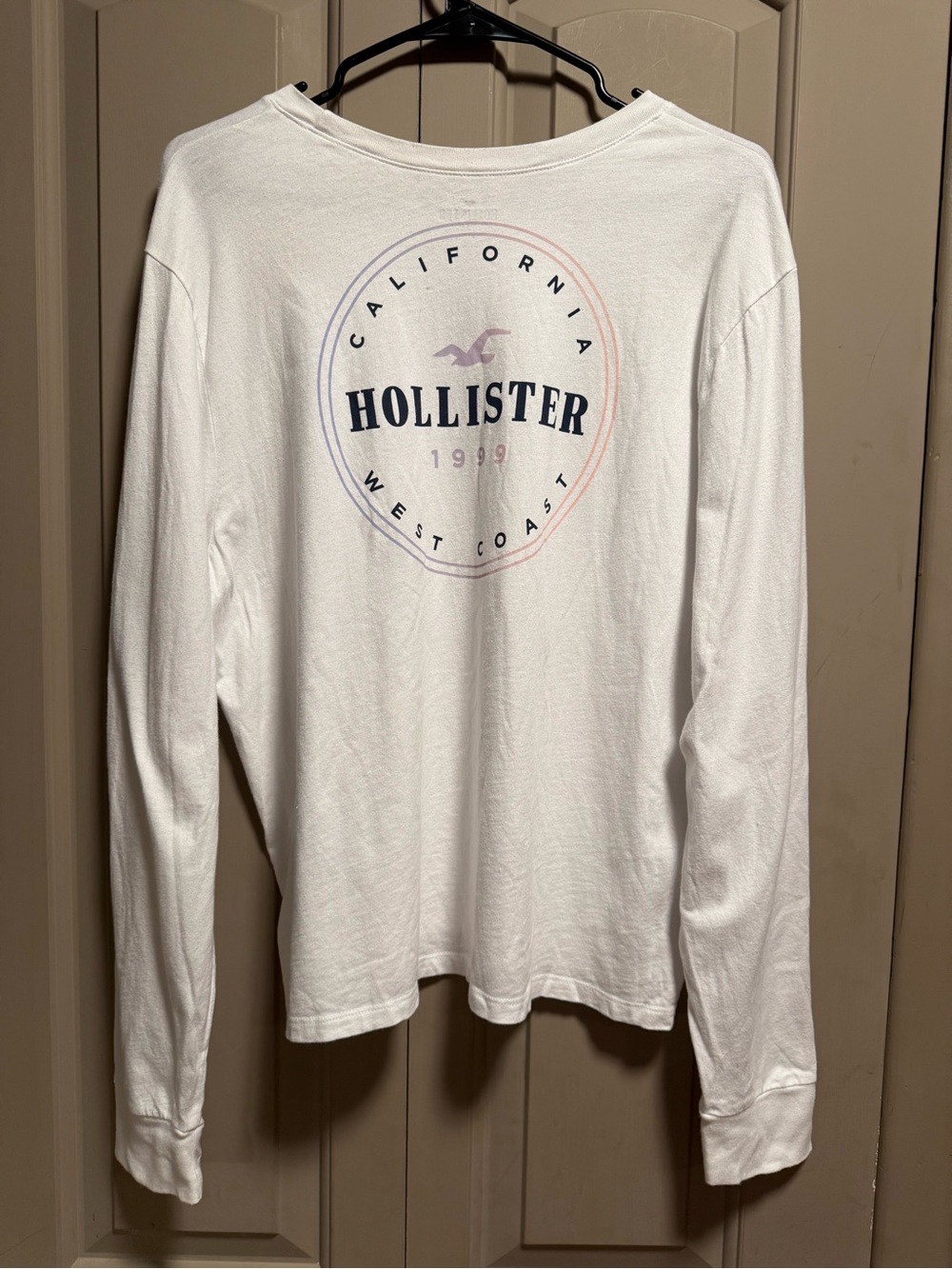 Hollister White Long Sleeve Logo Tee with Pastel Accent
